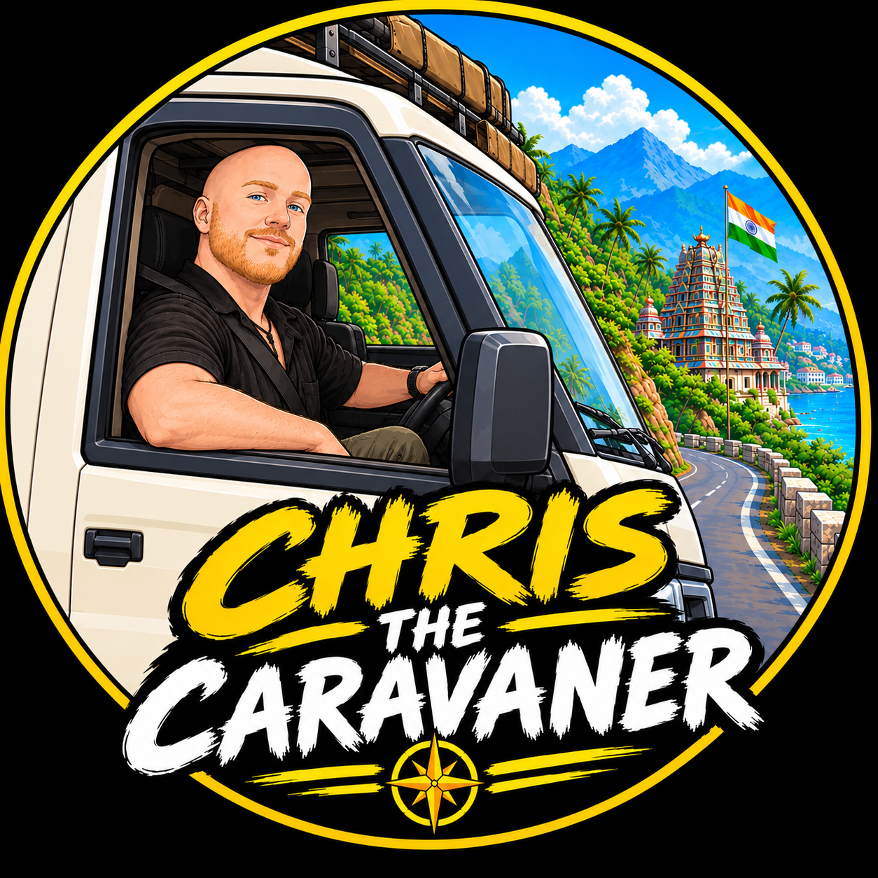 Chris The Caravaner — Christopher Smith at the wheel of his caravan, India on the horizon